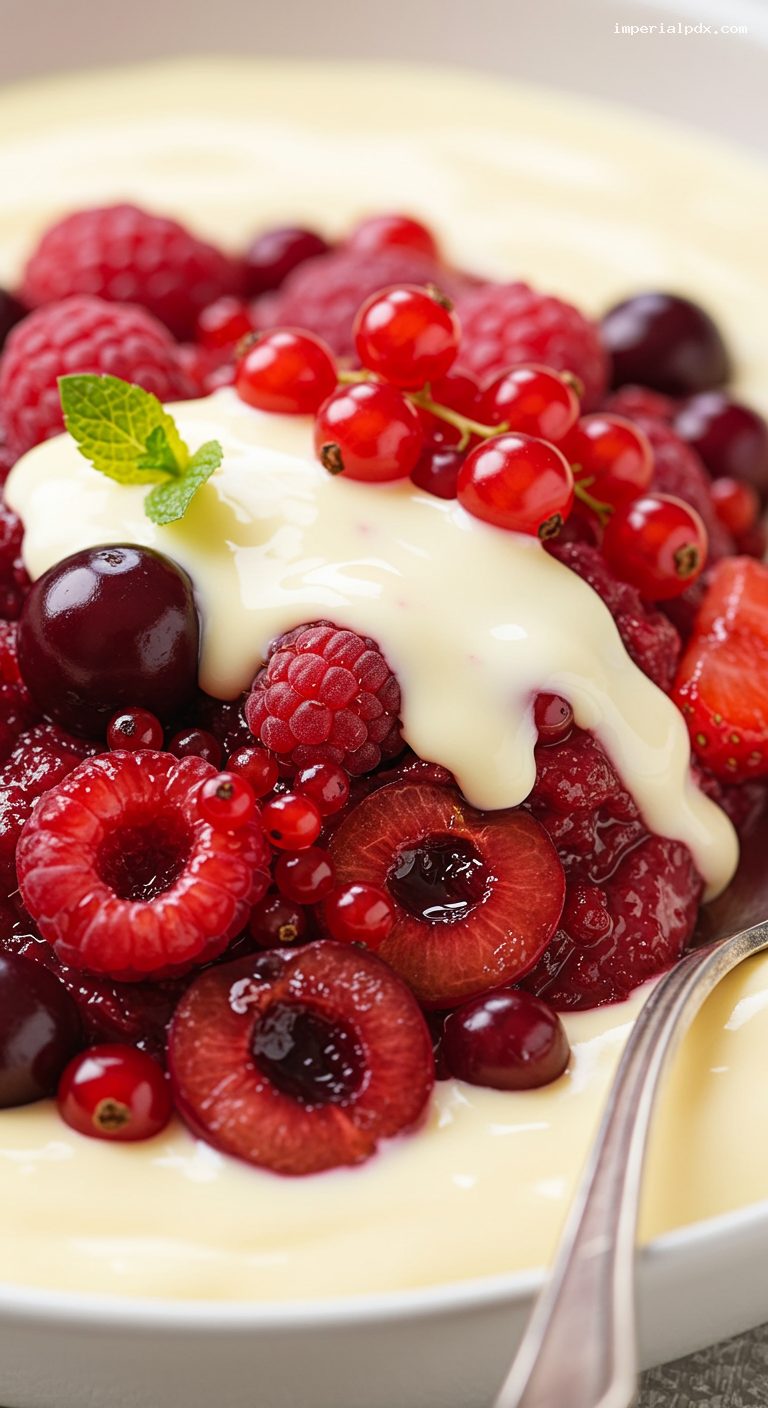 Chilled Rote Grütze with Vanilla Sauce – Closeup