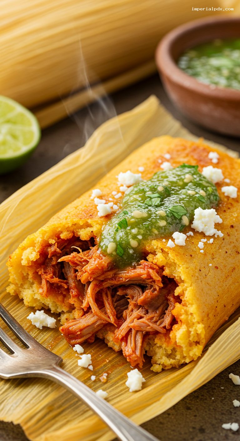 Christmas Tamales Rojos (Chile-Braised Pork) with Salsa Verde – Closeup