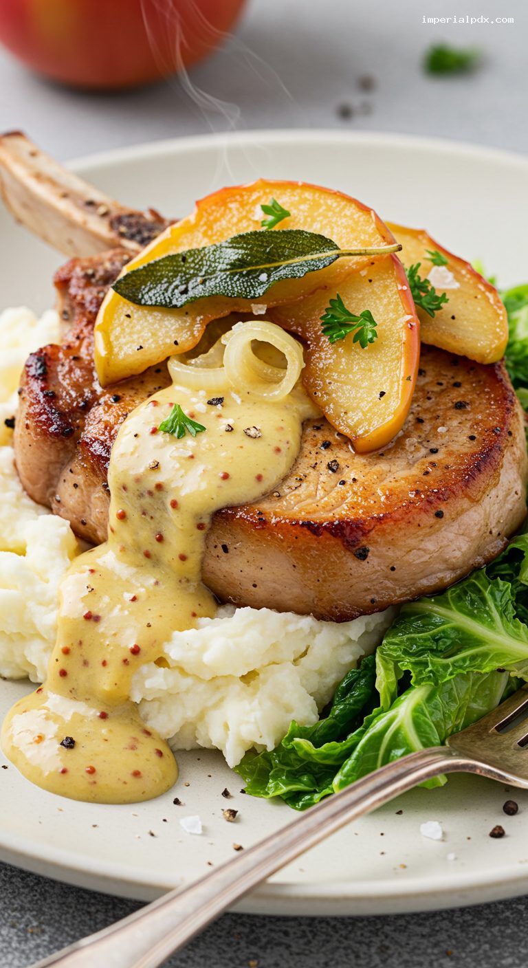 Cider-Braised Pork Chops with Apples and Sage – Closeup