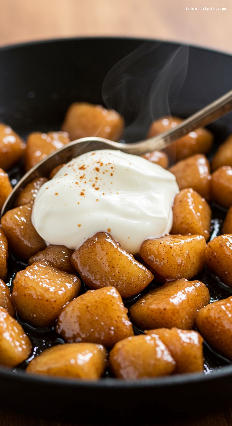 Cinnamon Apple Skillet Bites with Vanilla Yogurt – Closeup