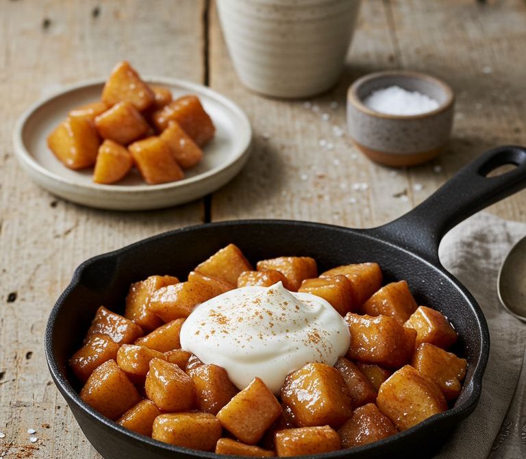 Cinnamon Apple Skillet Bites with Vanilla Yogurt