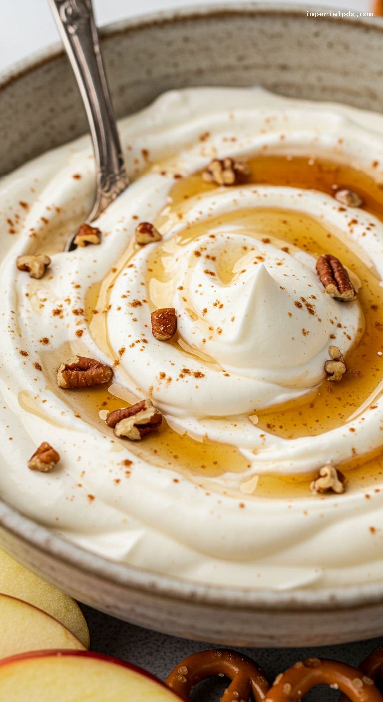Cinnamon-Maple Yogurt Dip with Apples and Pretzels – Closeup