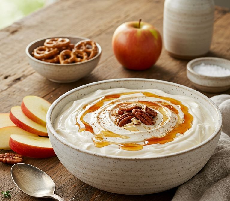 Cinnamon-Maple Yogurt Dip with Apples and Pretzels