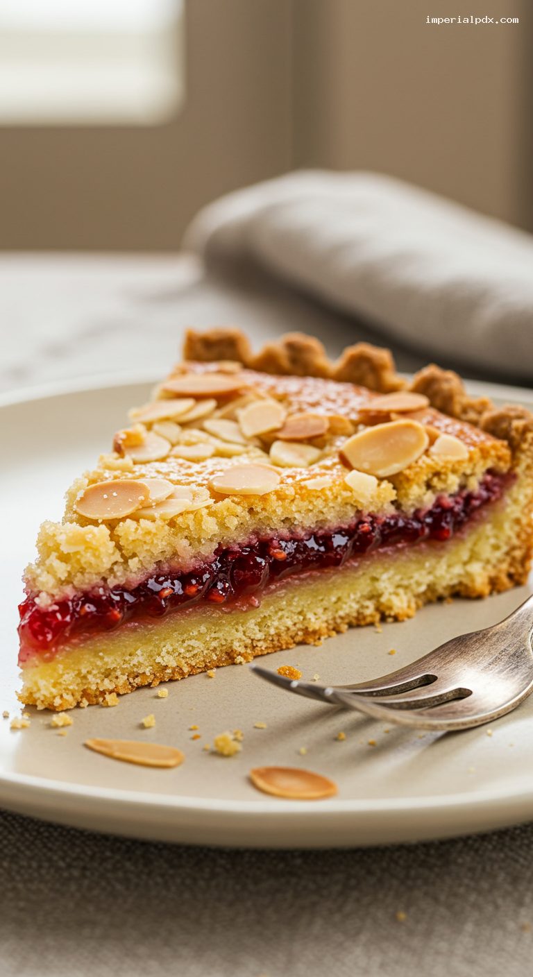 Classic Bakewell Tart with Raspberry Jam and Almonds – Closeup
