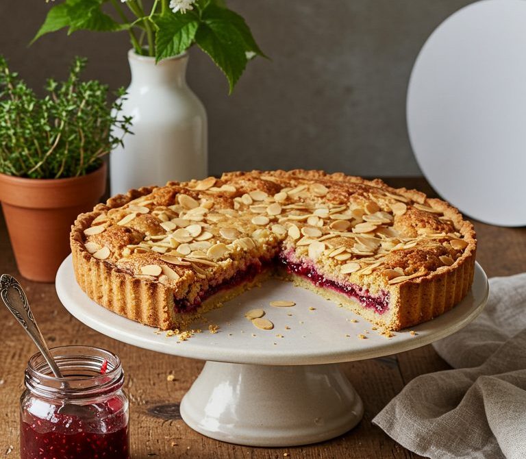 Classic Bakewell Tart with Raspberry Jam and Almonds