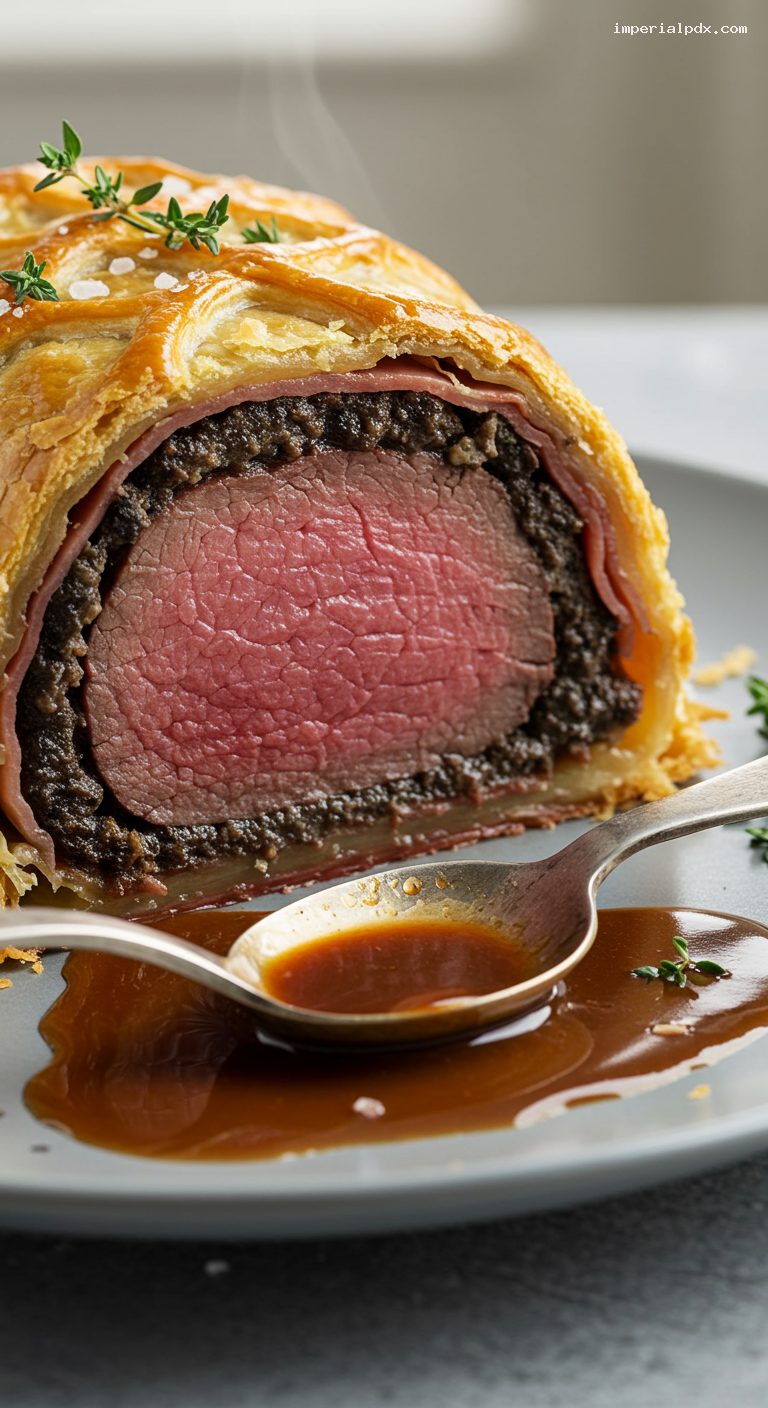 Classic Beef Wellington with Madeira Pan Sauce – Closeup