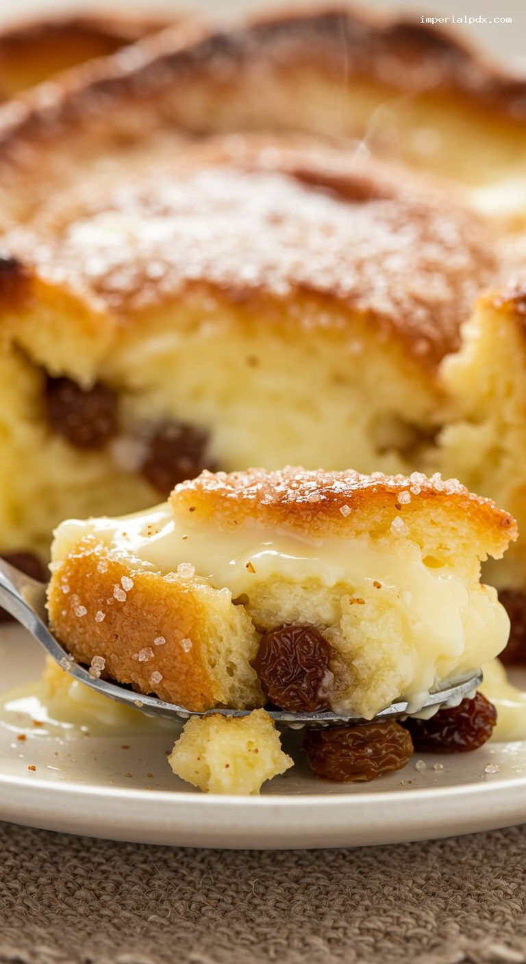 Classic Bread and Butter Pudding with Sultanas – Closeup