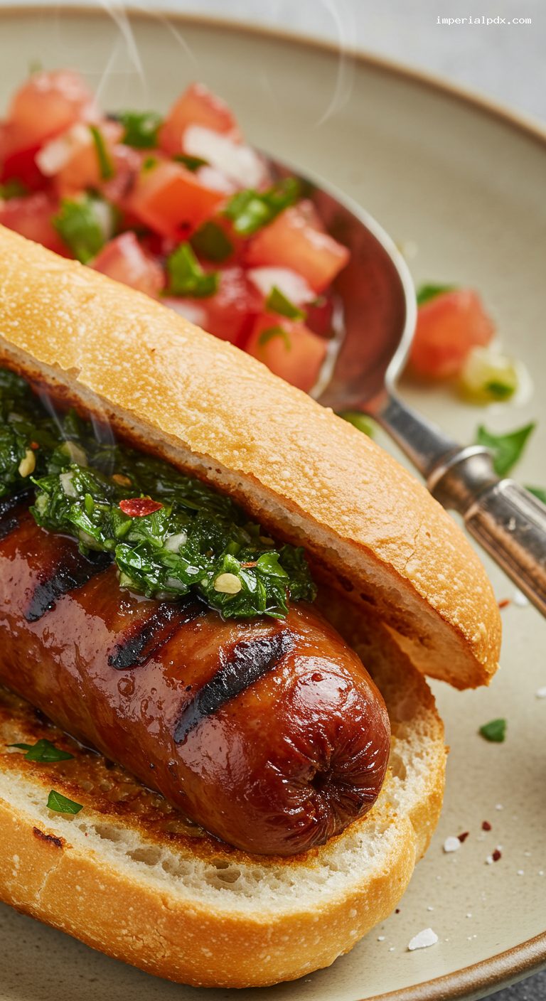 Classic Choripán with Chimichurri and Salsa Criolla – Closeup