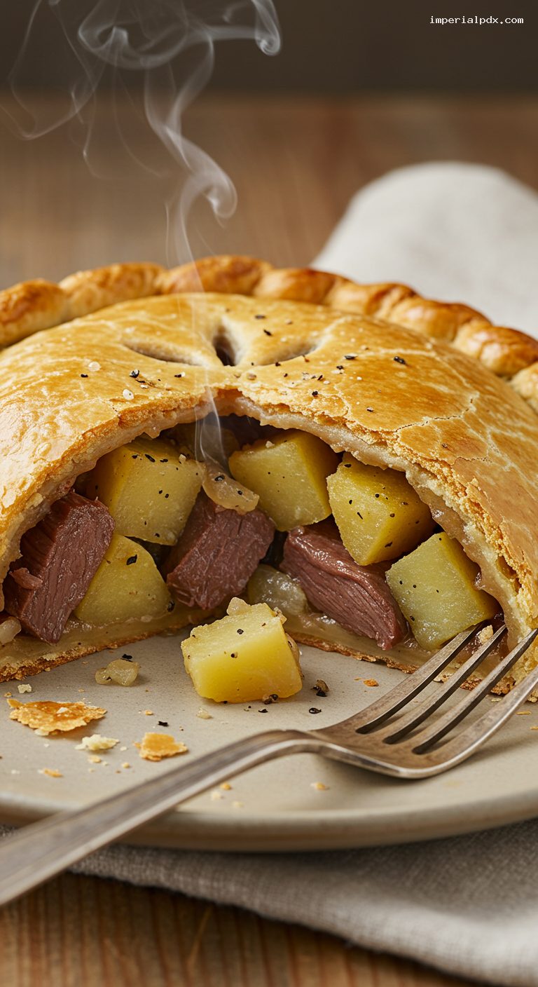 Classic Cornish Pasty with Beef and Root Veggies – Closeup