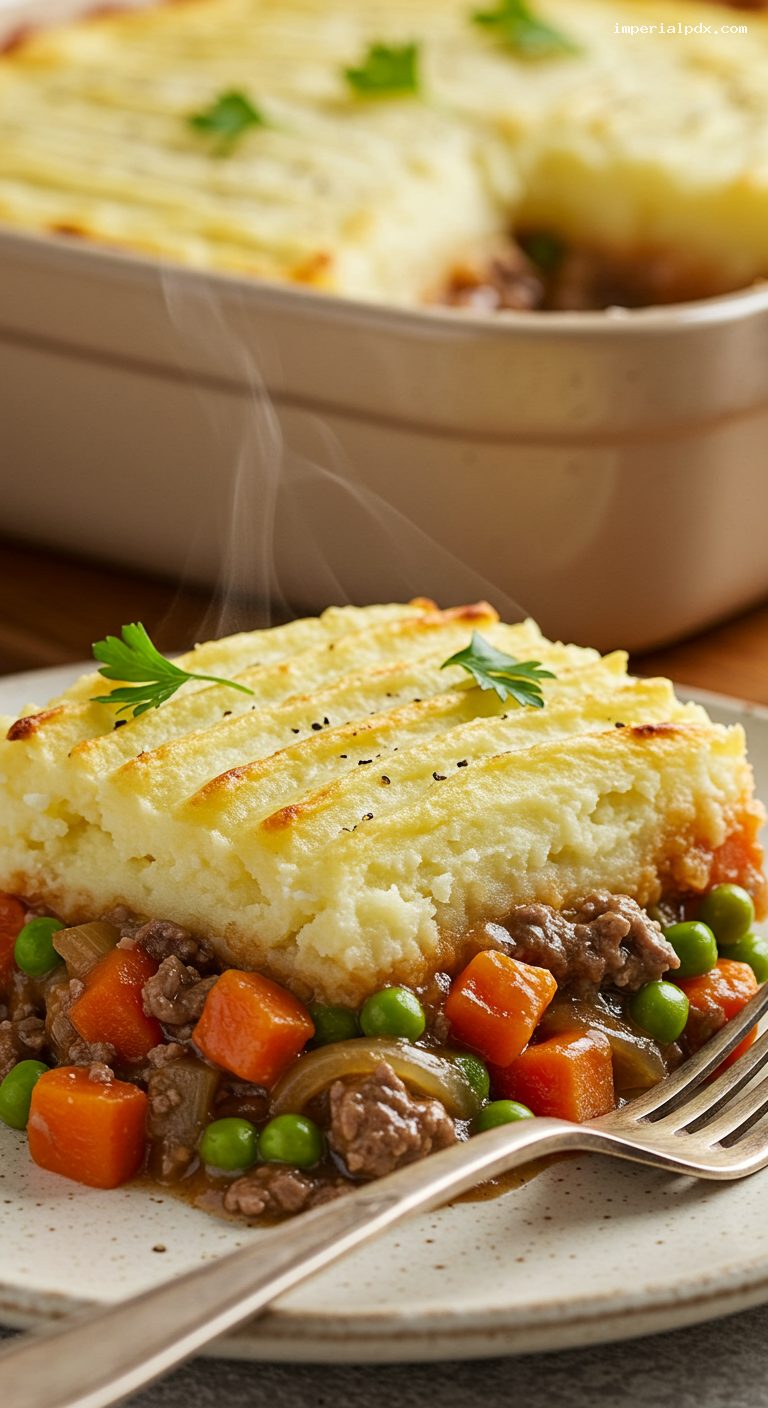 Classic Cottage Pie with Crispy Mashed Potato Topping – Closeup