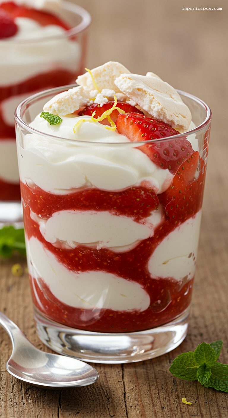 Classic Eton Mess with Strawberries and Berry Coulis – Closeup