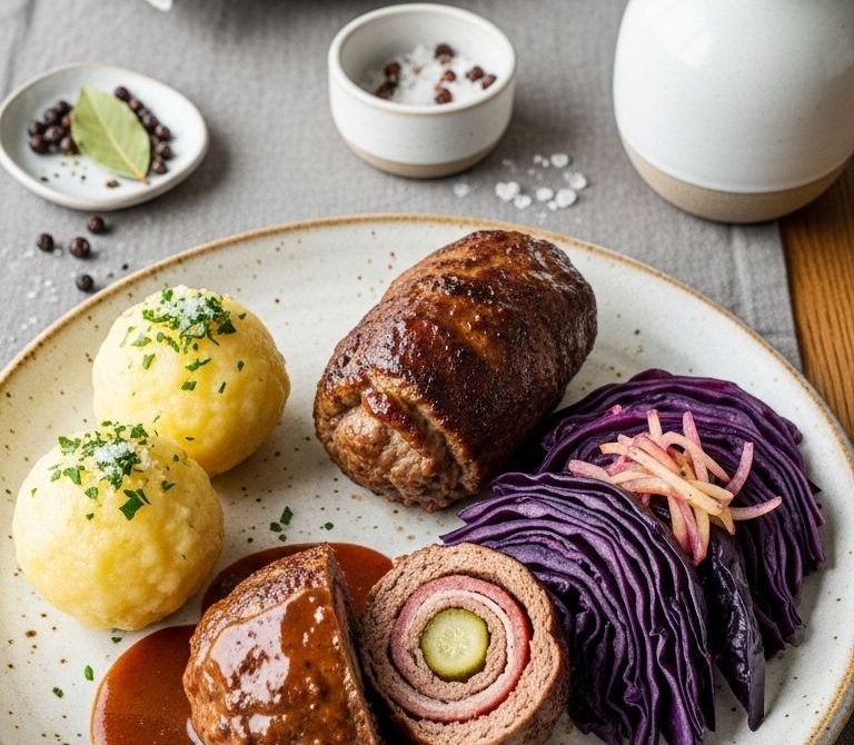 Classic German Rinderrouladen with Red Cabbage and Dumplings