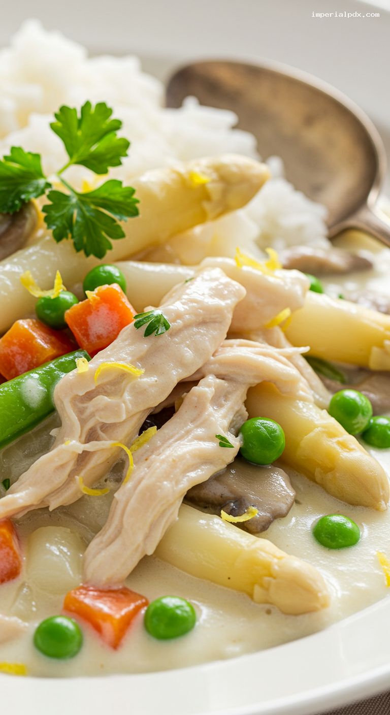 Classic Hühnerfrikassee with Lemon and Rice – Closeup