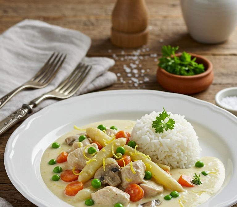 Classic Hühnerfrikassee with Lemon and Rice