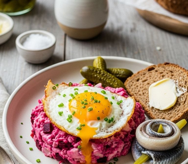 Classic Labskaus with Fried Egg and Rollmops