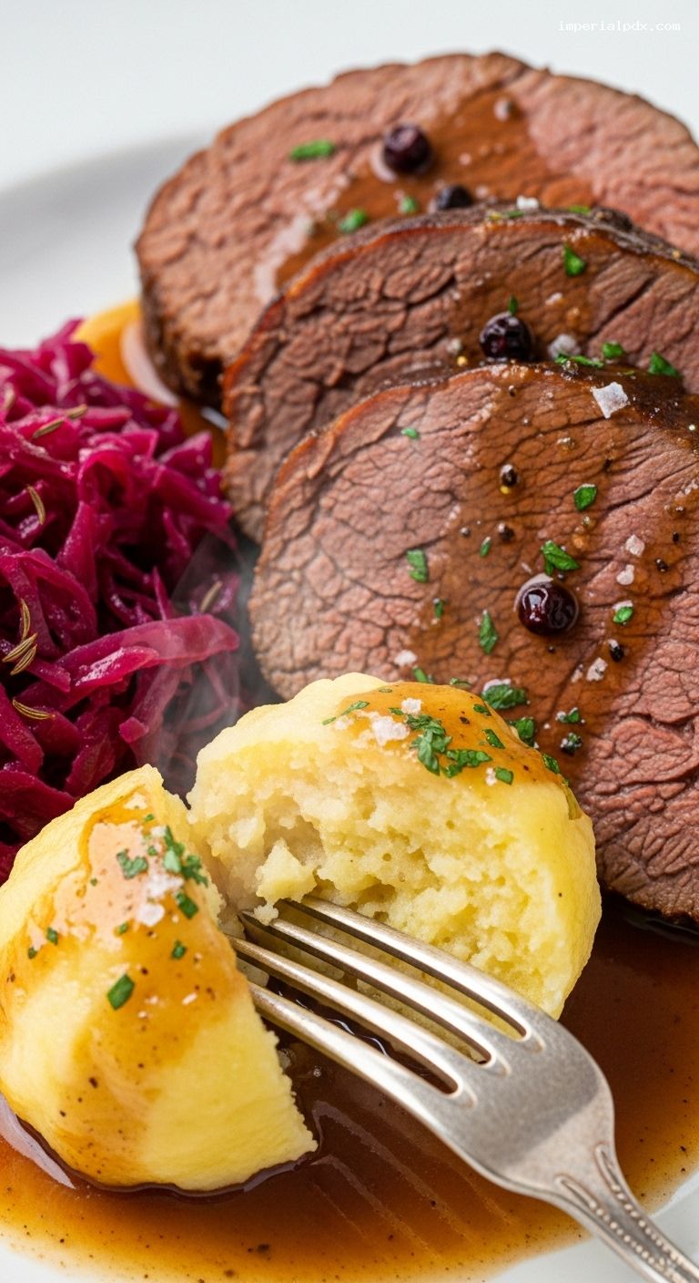 Classic Sauerbraten with Potato Dumplings and Red Cabbage – Closeup