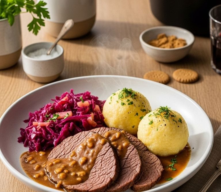 Classic Sauerbraten with Potato Dumplings and Red Cabbage
