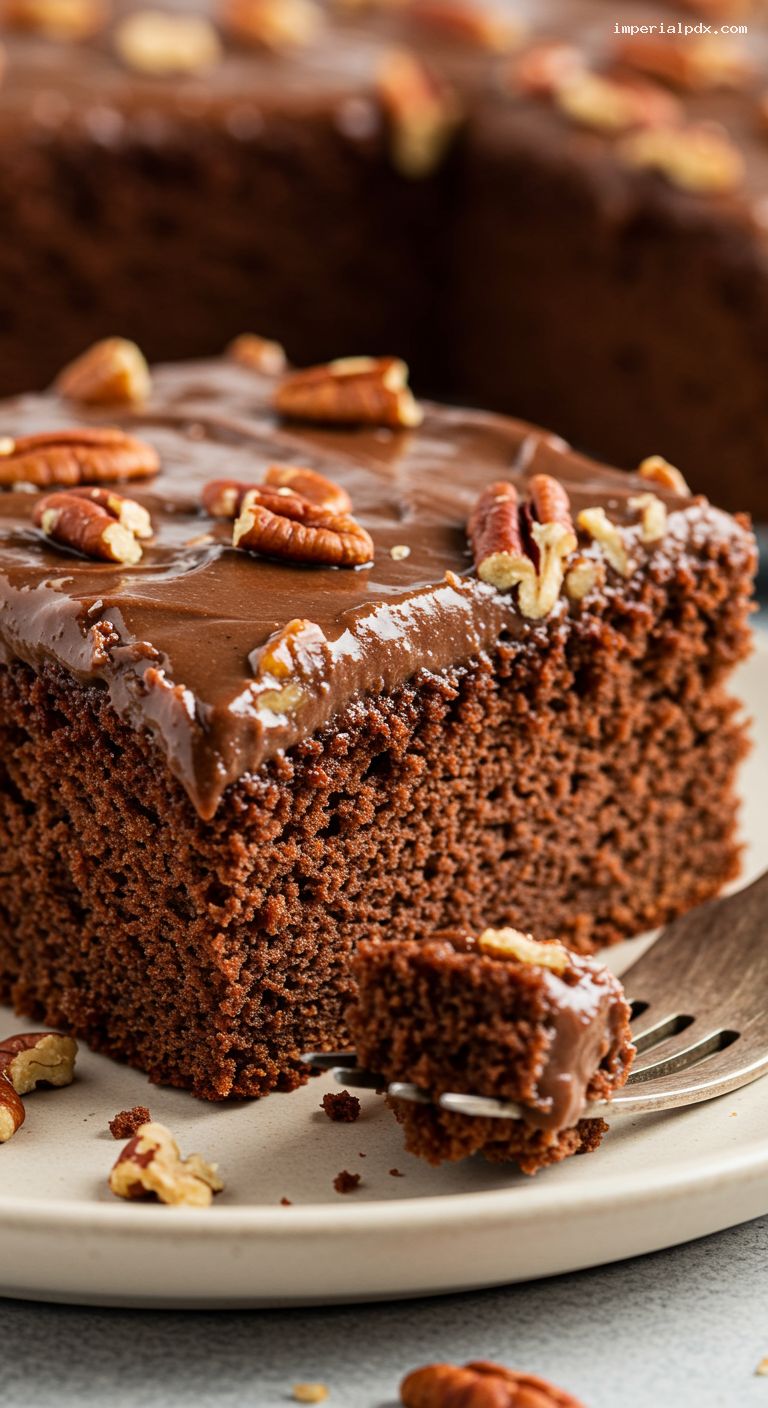 Classic Texas Sheet Cake with Fudge Icing and Pecans – Closeup