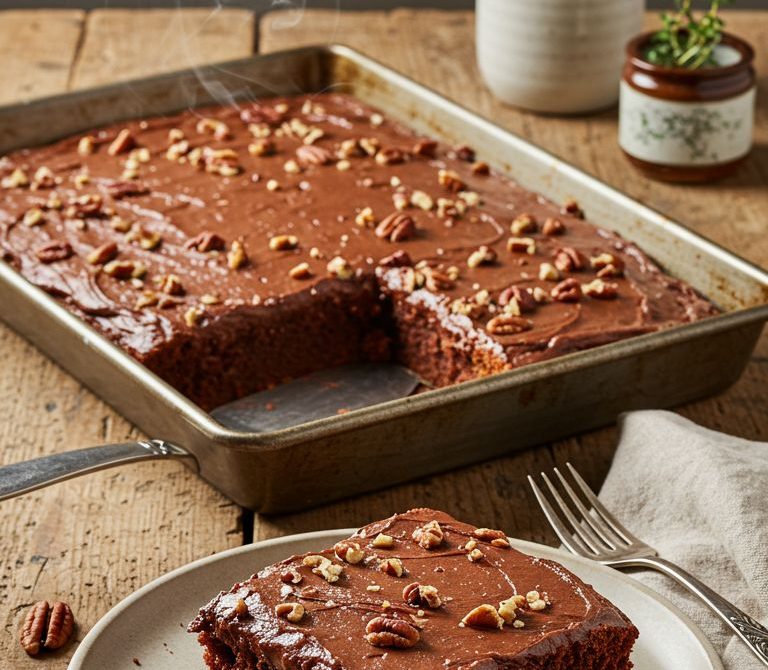 Classic Texas Sheet Cake with Fudge Icing and Pecans