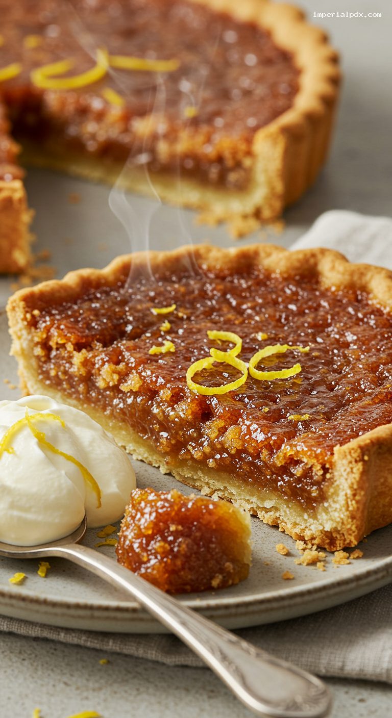 Classic Treacle Tart with Clotted Cream or Custard – Closeup