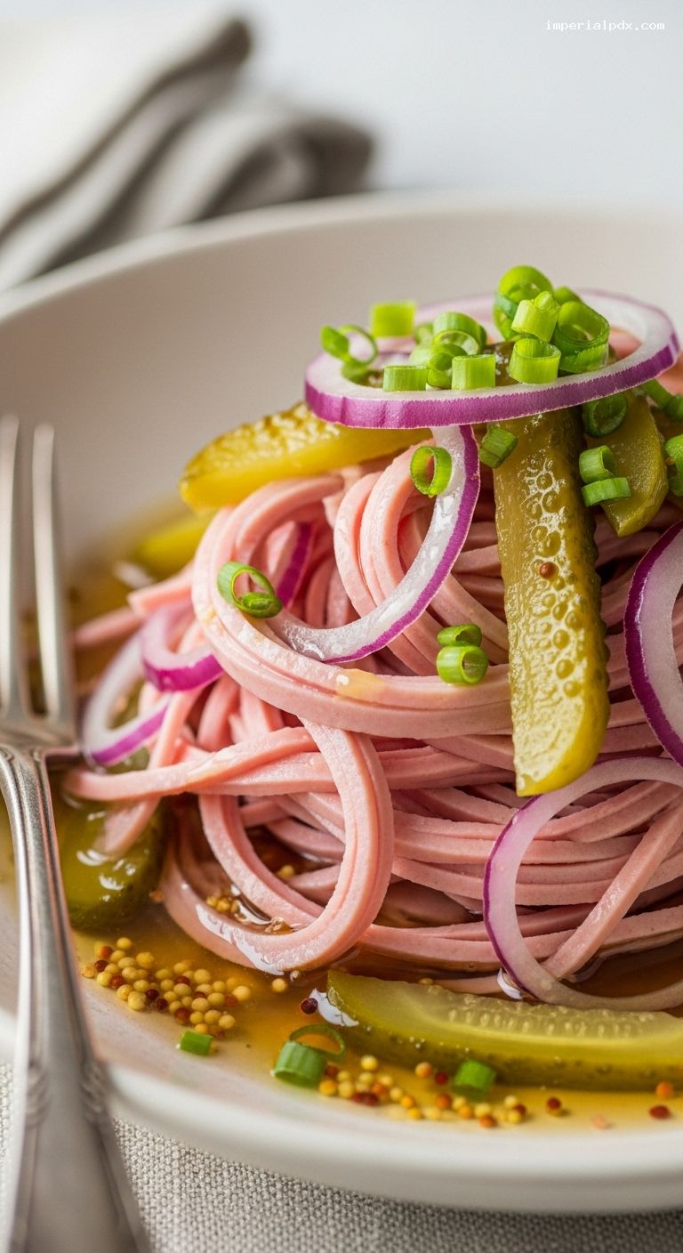 Classic Wurstsalat with Pickles and Mustard Dressing – Closeup