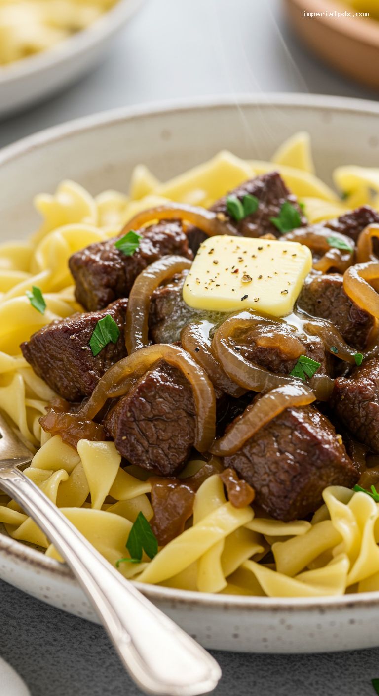 Country-Style Beef Tips with Onion Gravy Over Noodles – Closeup