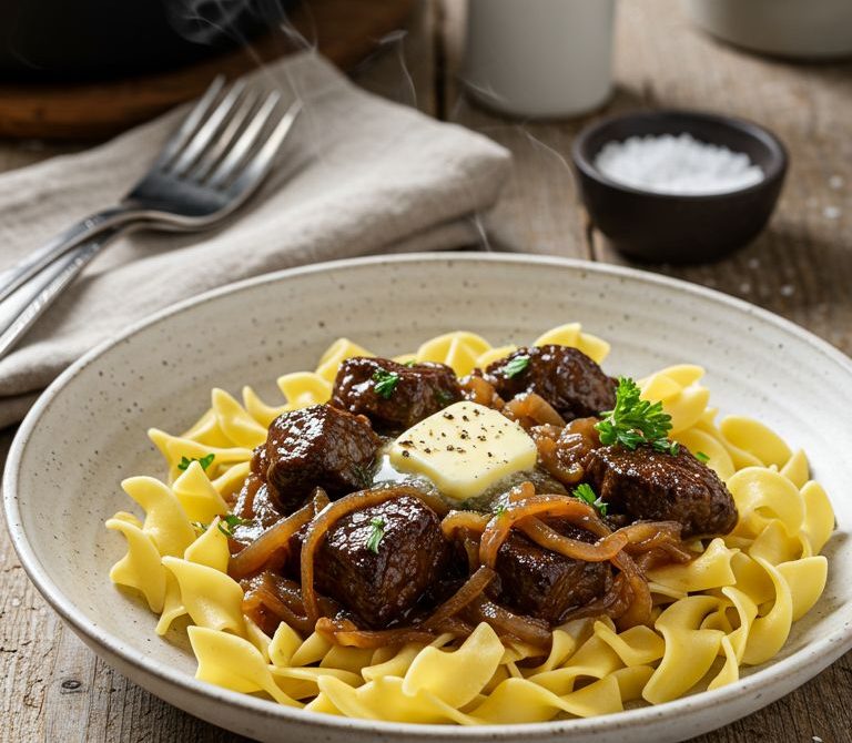 Country-Style Beef Tips with Onion Gravy Over Noodles