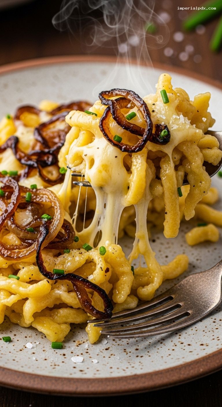 Cozy Käsespätzle with Caramelized Onions and Chives – Closeup