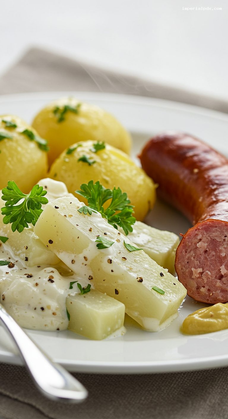 Creamed Kohlrabi with Parsley Potatoes and Bratwurst – Closeup