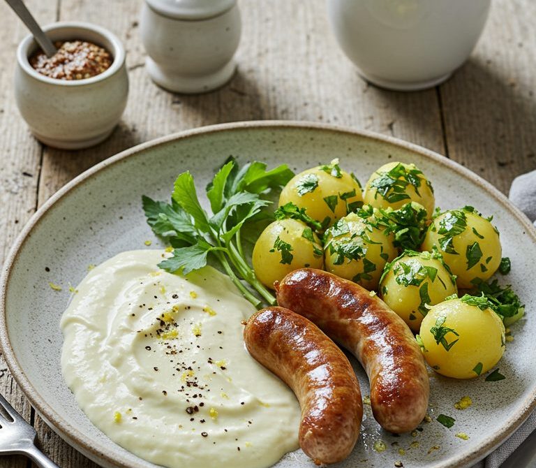 Creamed Kohlrabi with Parsley Potatoes and Bratwurst