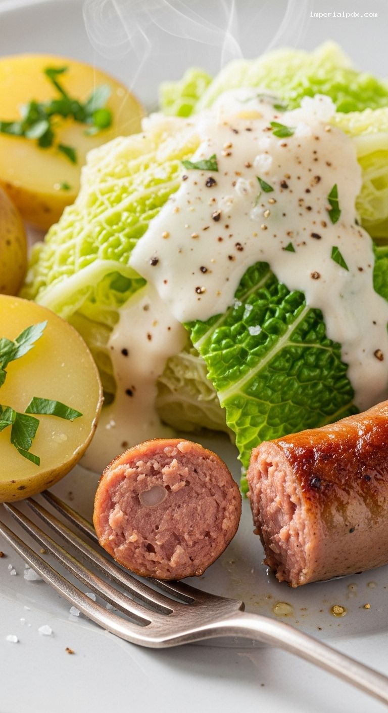 Creamed Savoy Cabbage with Bratwurst and New Potatoes – Closeup