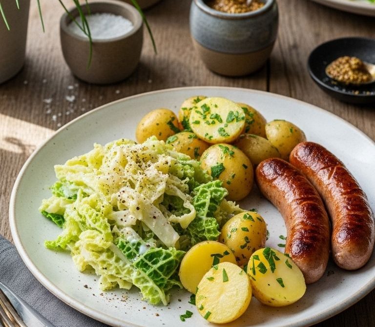 Creamed Savoy Cabbage with Bratwurst and New Potatoes