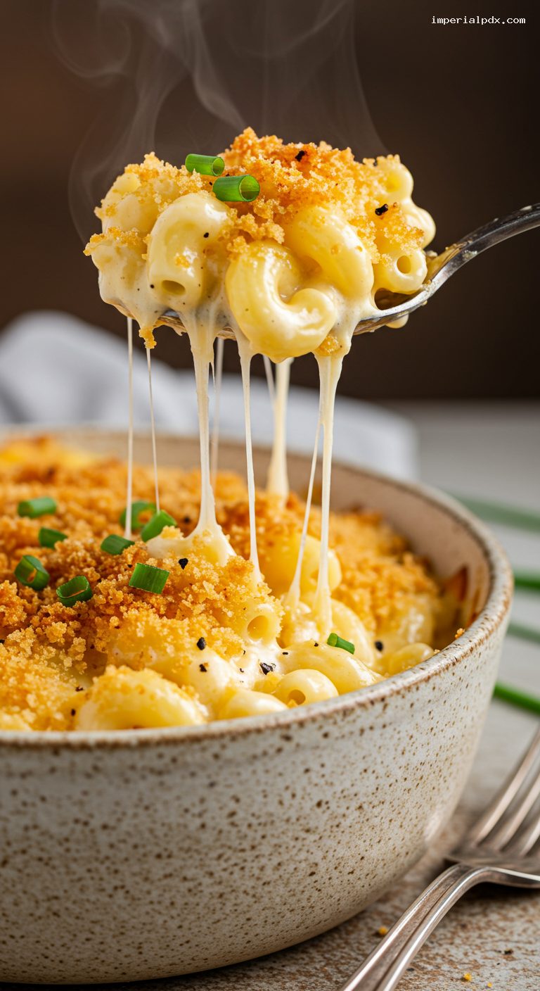 Creamy Cheddar-Gruyère Baked Mac and Cheese – Closeup