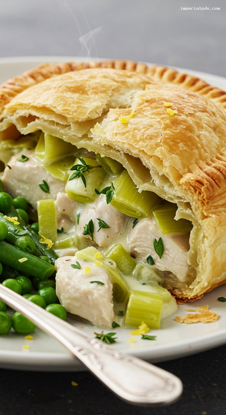 Creamy Chicken and Leek Pie with Puff Pastry – Closeup