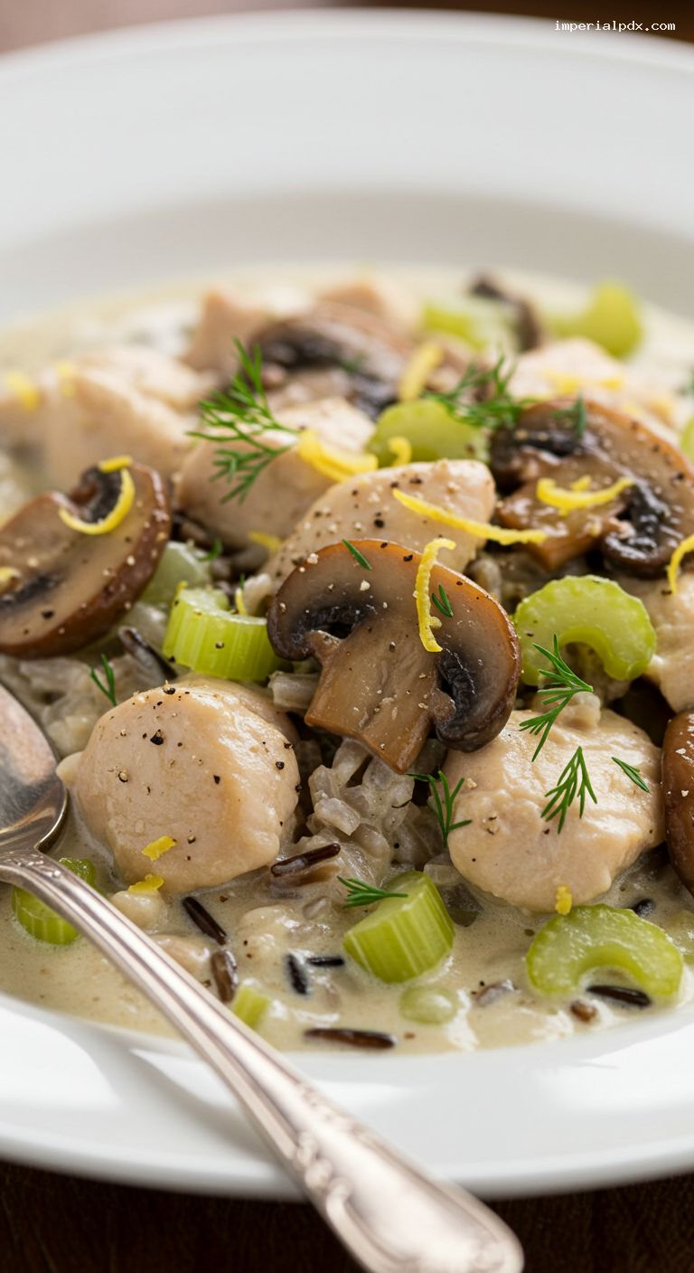 Creamy Chicken and Wild Rice Skillet with Lemon and Dill – Closeup