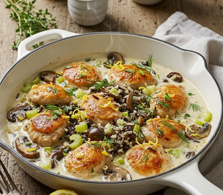 Creamy Chicken and Wild Rice Skillet with Lemon and Dill