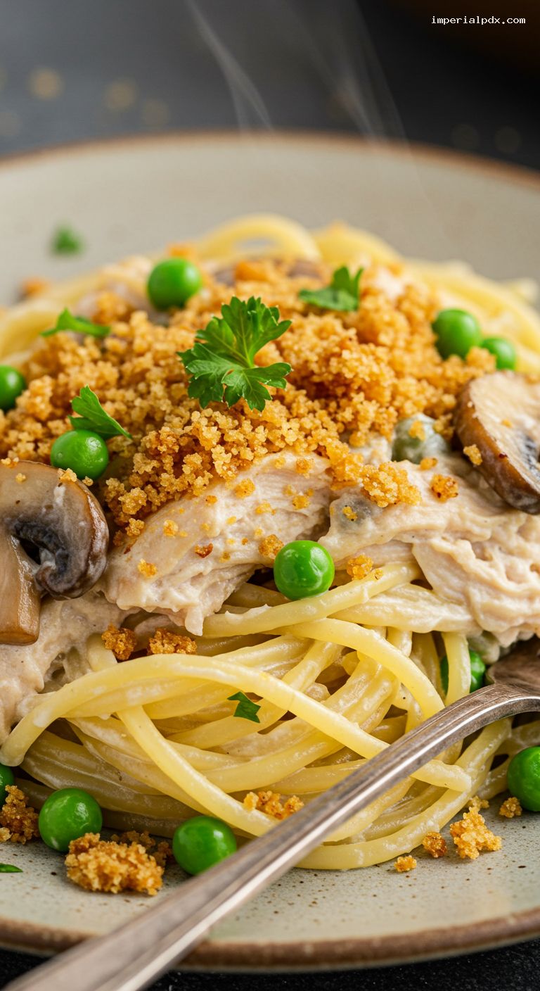 Creamy Chicken Tetrazzini Bake with Mushrooms and Peas – Closeup