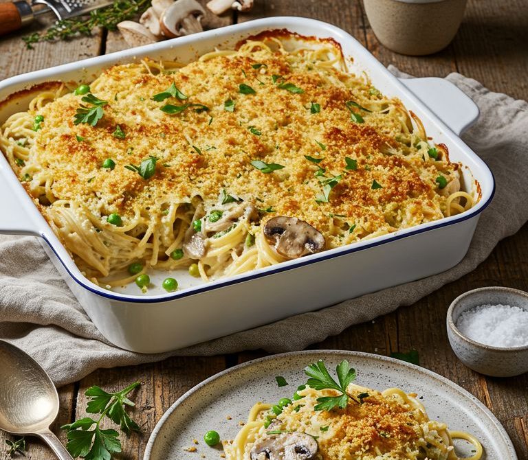 Creamy Chicken Tetrazzini Bake with Mushrooms and Peas