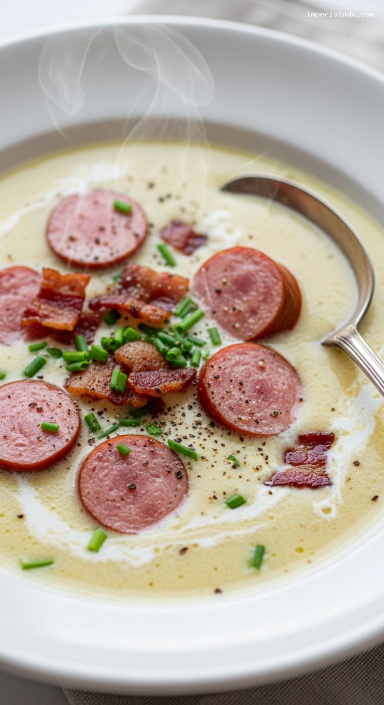 Creamy German Potato-Leek Soup with Sausage and Bacon – Closeup