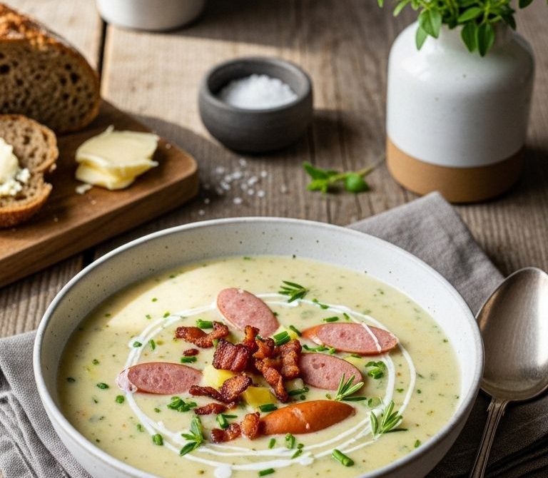 Creamy German Potato-Leek Soup with Sausage and Bacon