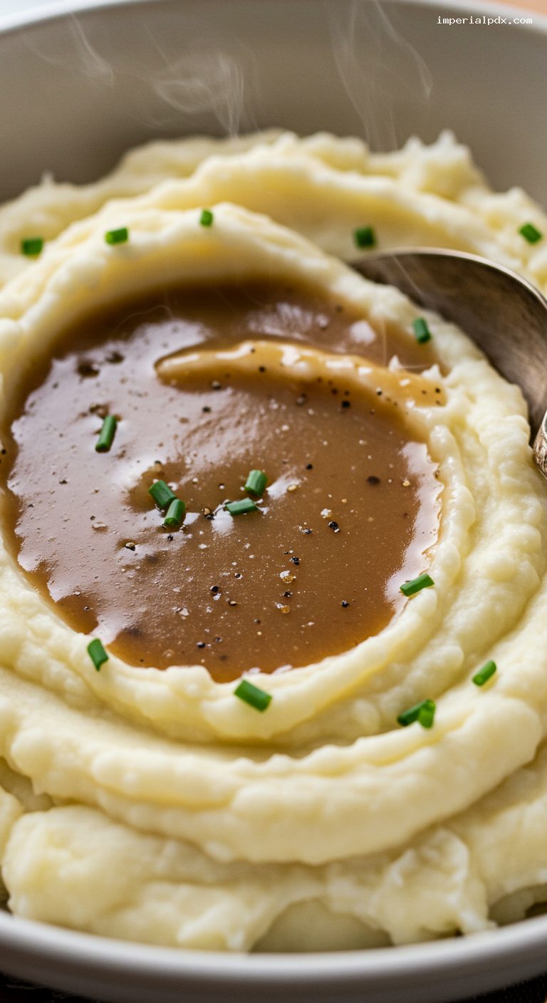 Creamy Mashed Potatoes with Savory Gravy – Closeup