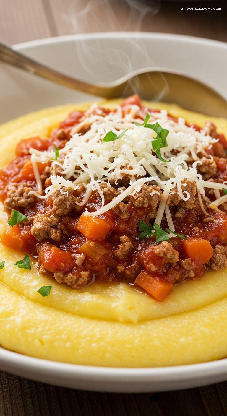 Creamy Polenta with Tomato-Beef Ragù and Reggianito – Closeup