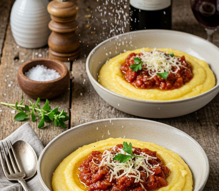 Creamy Polenta with Tomato-Beef Ragù and Reggianito