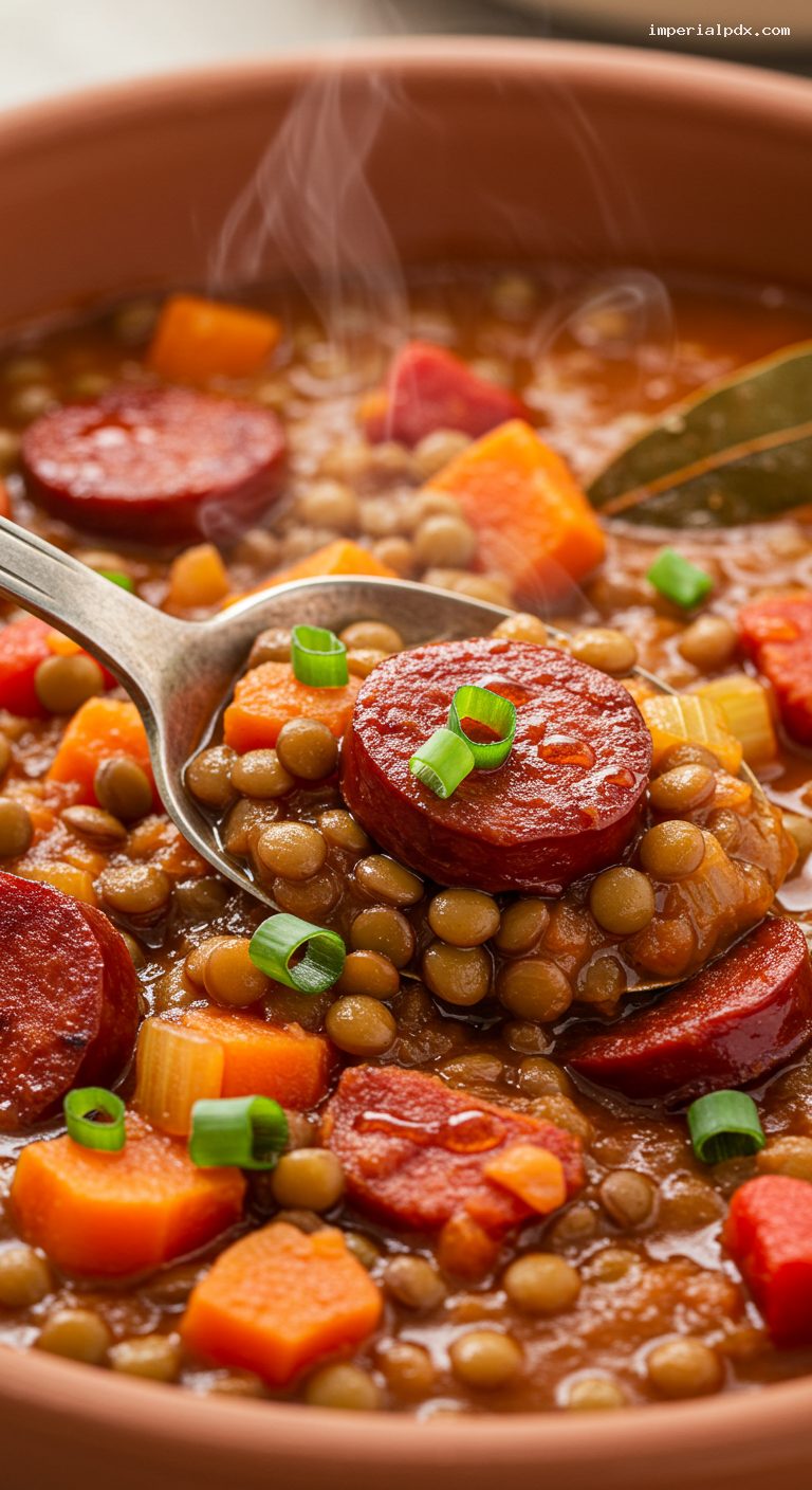 Creole Lentil Stew with Chorizo and Pancetta – Closeup
