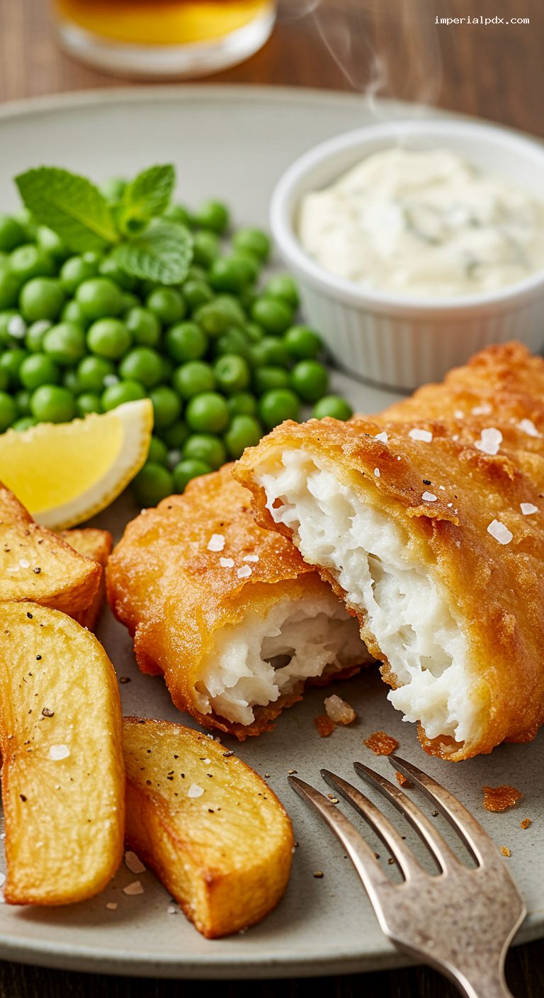 Crispy Beer-Battered Cod and Chips with Tartar Sauce – Closeup