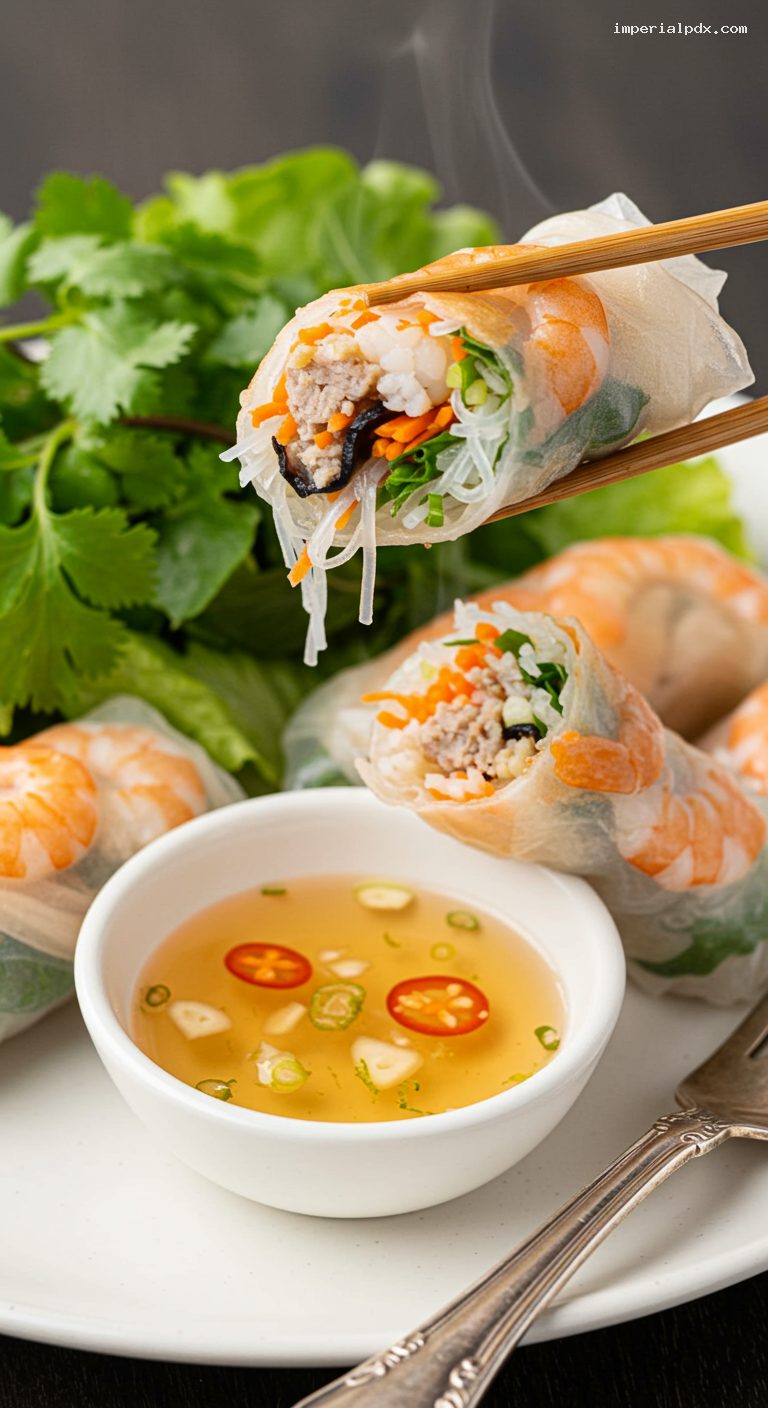 Crispy Cha Gio with Pork, Shrimp, and Herbs – Closeup