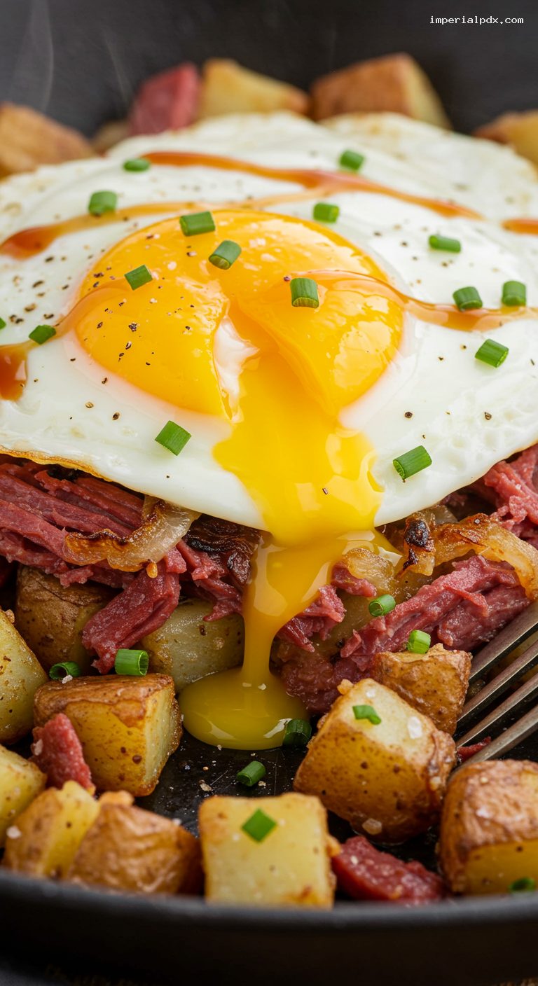 Crispy Corned Beef Hash with Runny Fried Egg – Closeup