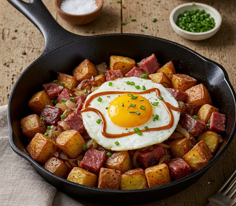 Crispy Corned Beef Hash with Runny Fried Egg