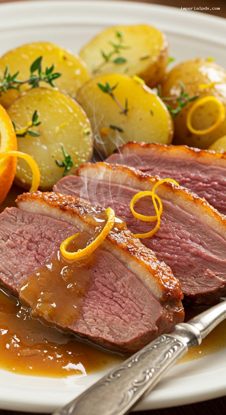 Crispy Duck à l’Orange with Thyme-Butter Potatoes – Closeup