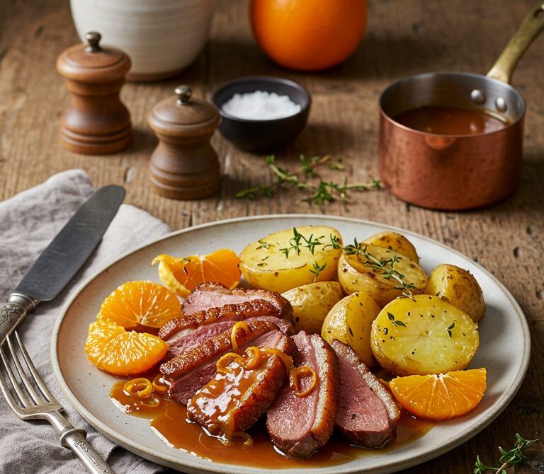 Crispy Duck à l’Orange with Thyme-Butter Potatoes